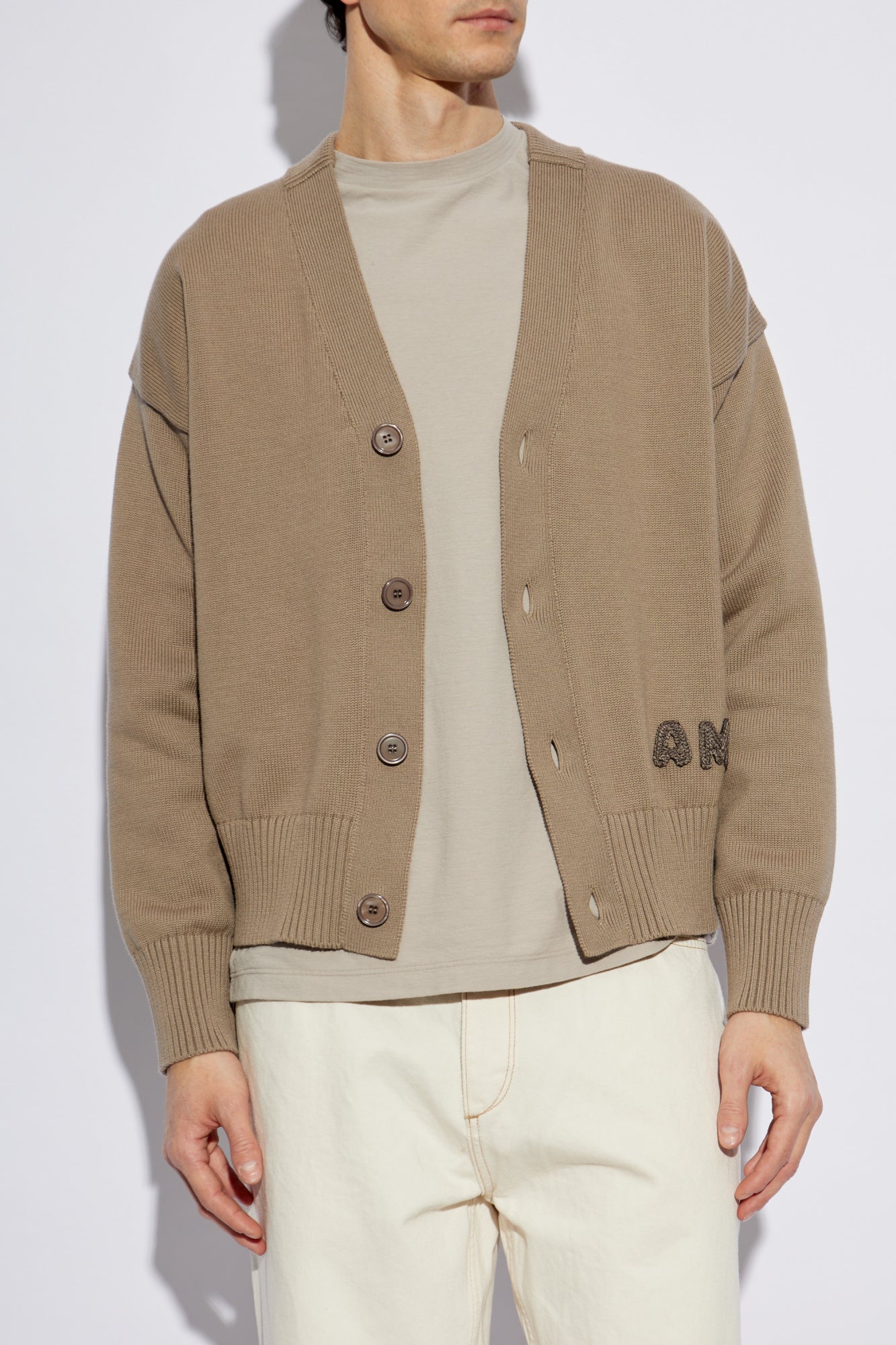Ami Alexandre Mattiussi beige Cardigan with embroidered logo HKC163 KN0063-0952