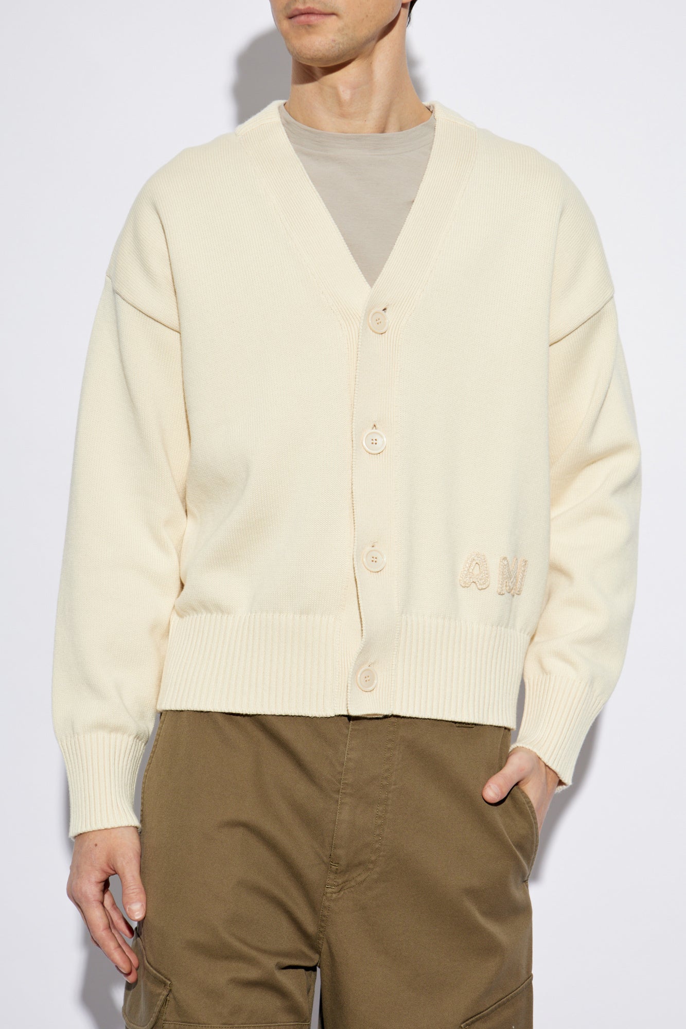 Ami Alexandre Mattiussi cream Cardigan with embroidered logo HKC163 KN0063-136
